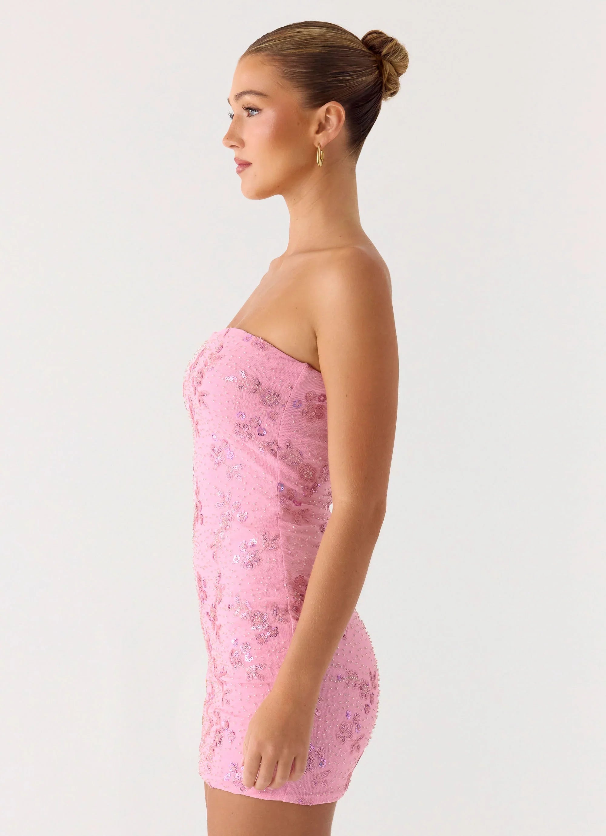 Push Back Beaded Sequin Mini Dress - Pink